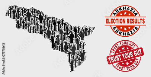 Democracy Abkhazia map and seal stamps. Red rounded Trust Your Gut scratched seal. Black Abkhazia map mosaic of raised selection hands. Vector combination for ballot results, with Trust Your Gut seal.