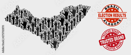 Vote Alagoas State map and stamps. Red rounded Trusted Brand textured seal. Black Alagoas State map mosaic of raised election hands. Vector combination for referendum results,