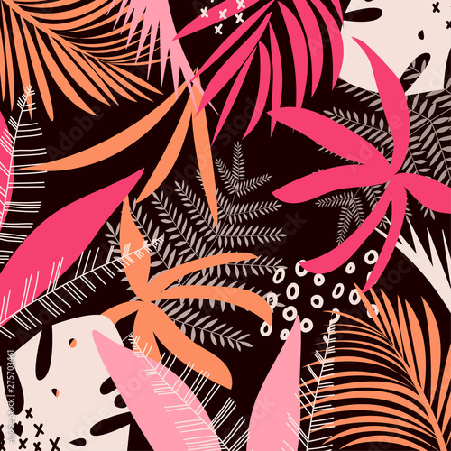 Trending bright seamless pattern with colorful tropical leaves and plants on a dark background. Vector design. Jungle print. Floral background. Printing and textiles. Exotic tropics. Summer design.