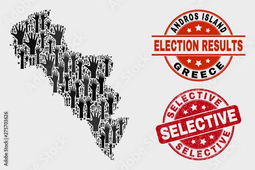 Electoral Andros Island of Greece map and seals. Red round Selective grunge seal stamp. Black Andros Island of Greece map mosaic of upwards ballot hands. Vector composition for referendum results,