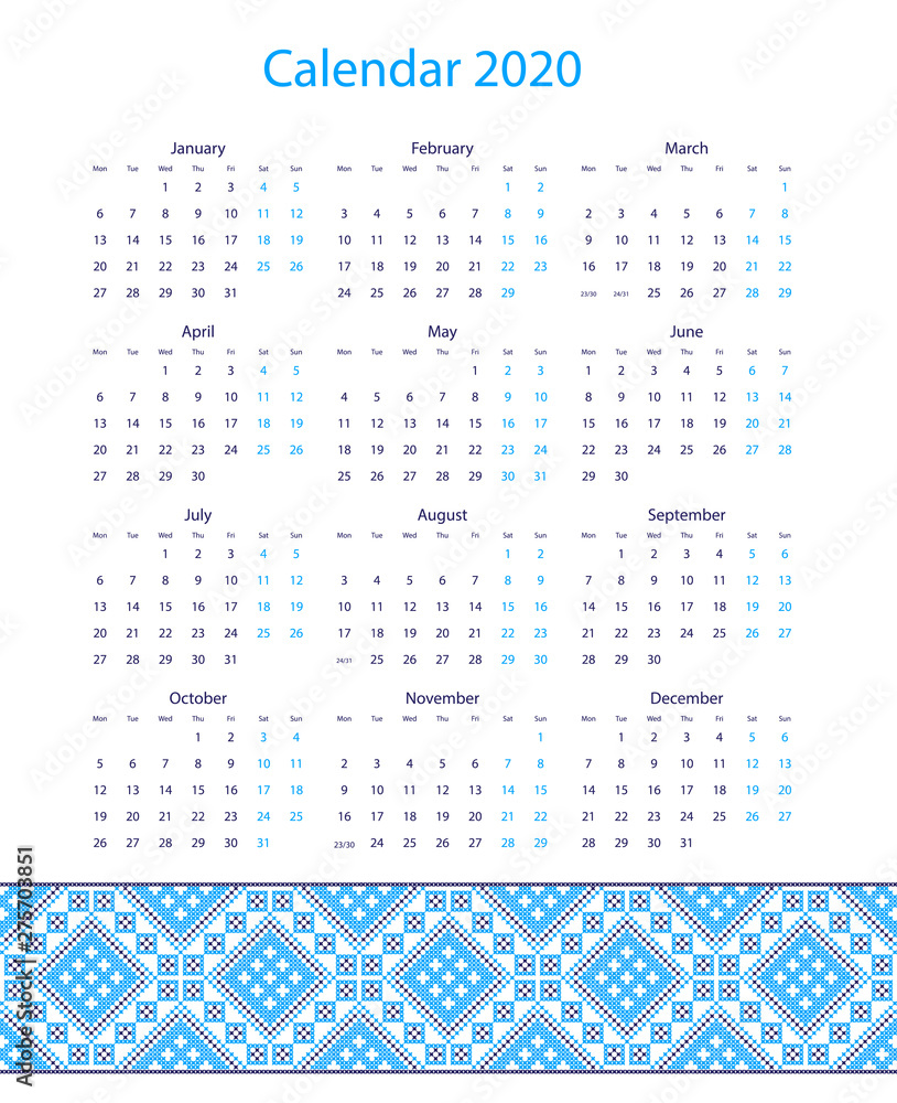 Naklejka vector calendar 2020 with embroidery in design