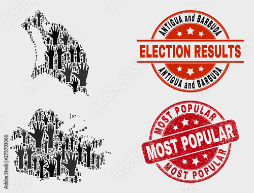 Election Antigua and Barbuda map and seal stamps. Red round Most Popular scratched seal. Black Antigua and Barbuda map mosaic of upwards referendum arms. Vector combination for referendum results,