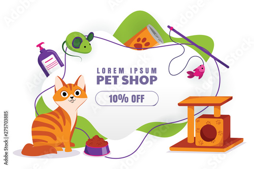 Pet shop sale poster or banner design template. Vector cartoon illustration. Animal foods, accessories and toys store.