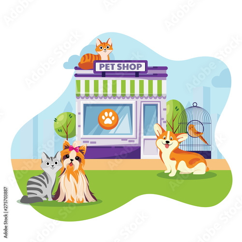 Pet store or vet clinic facade vector flat cartoon illustration. Cats and dogs sitting near animal shop building