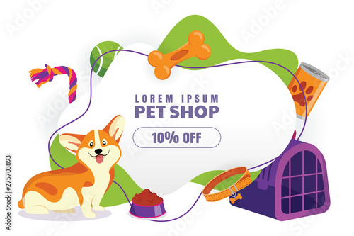 Pet shop sale poster or banner design template. Vector cartoon illustration. Animal foods, accessories and toys store.