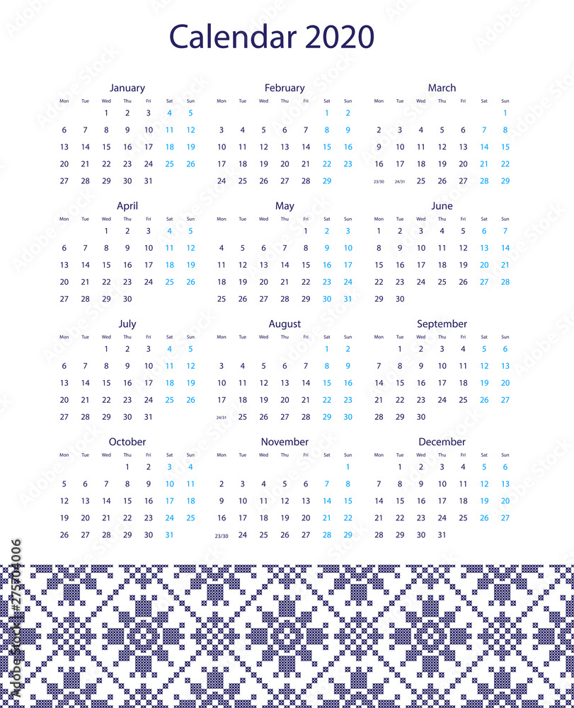 Naklejka vector calendar 2020 with embroidery in design