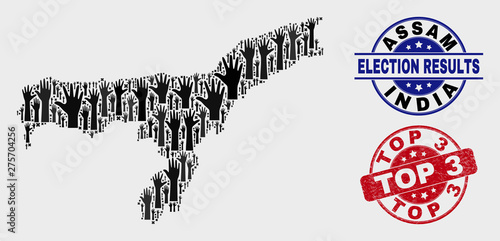 Political Assam State map and seal stamps. Red rounded Top 3 scratched seal. Black Assam State map mosaic of upwards referendum hands. Vector composition for referendum results, with Top 3 seal.