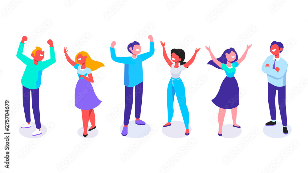 Happy positive young people have fun together. Celebration. JoyfulI isometric people with raised hands.  Flat cartoon style. Vector illustration. 