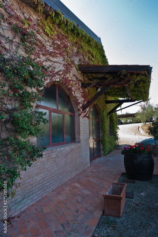 Fototapeta Entrance to wine cellar at a farm in Tuscany, near San Gimignano, Italy