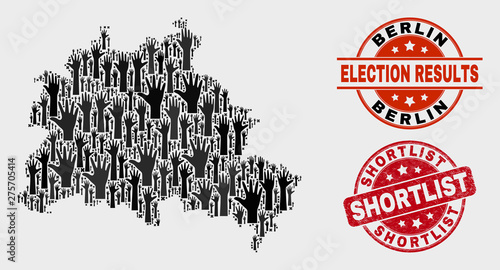Voting Berlin City map and seals. Red rounded Shortlist distress seal stamp. Black Berlin City map mosaic of raised up voting arms. Vector collage for referendum results, with Shortlist seal stamp.