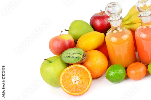 A set of fruits and juices isolated on a white background. Free space for text.