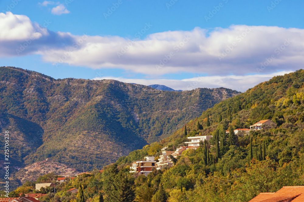 Beautiful summer landscape with a small village on the mountainside on a sunny day. Montenegro, Tivat, Donja Lastva village