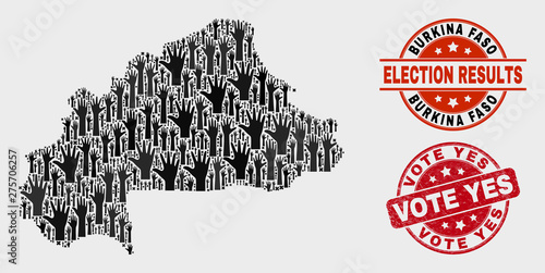 Poll Burkina Faso map and seal stamps. Red round Vote Yes distress seal. Black Burkina Faso map mosaic of raised up help arms. Vector collage for referendum results, with Vote Yes seal stamp.