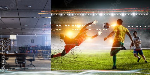 Real room vs virtual reality stadium football game © Sergey Nivens