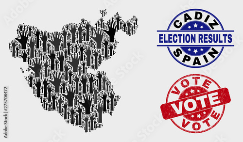 Voting Cadiz Province map and seal stamps. Red round Vote textured seal. Black Cadiz Province map mosaic of raised like hands. Vector composition for referendum results, with Vote seal.