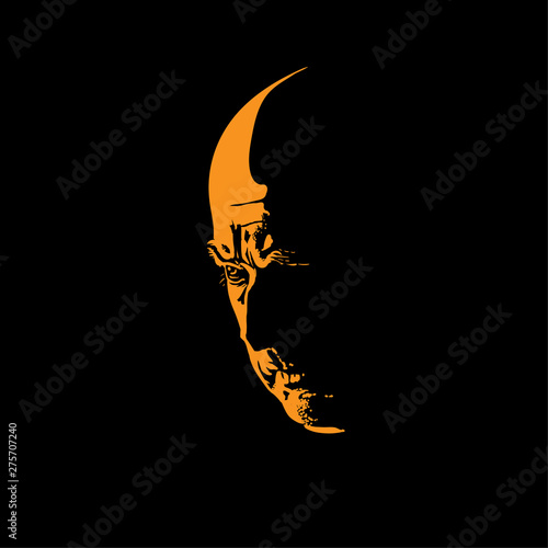 Scary hairless old man portrait silhouette in contrast backlight. Vector. Illustration.