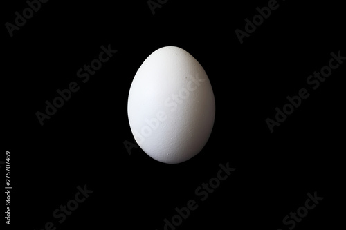 White chicken egg on a black background, close-up.