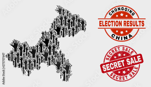 Ballot Chongqing City map and seal stamps. Red rounded Secret Sale grunge seal. Black Chongqing City map mosaic of raised up support hands. Vector collage for referendum results,