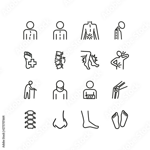 Orthopedics line icon set. Spine, body, pain. Disease concept. Can be used for topics like trauma, rehabilitation, injury