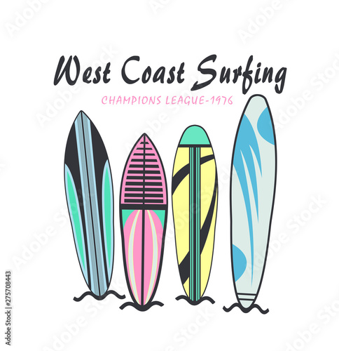 `west coast surfing` typography, t-shirt design