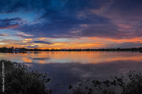 Lake view morning scenic above lotus lake with cloudy sky background  sunrise at Krajub Reservoir  Ban Pong  Ratchaburi  Thailand.