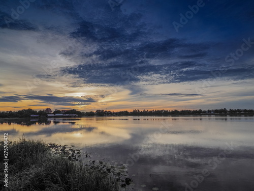 Lake view morning scenic above lotus lake with cloudy sky background  sunrise at Krajub Reservoir  Ban Pong  Ratchaburi  Thailand.