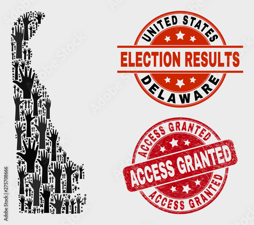 Election Delaware State map and seal stamps. Red rounded Access Granted distress seal stamp. Black Delaware State map mosaic of raised referendum hands. Vector collage for ballot results,