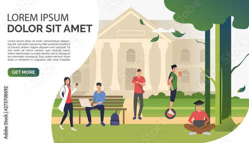 Students relaxing and walking in campus park. Information, university, nature concept. Presentation slide template. Vector illustration for topics like knowledge, relaxation, education