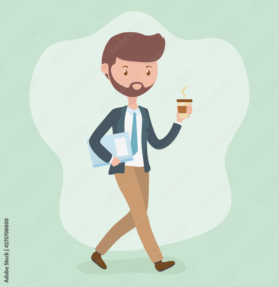 young businessman with coffee walking character