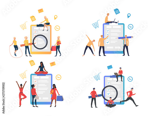 Collection of people carrying out cases from to-do lists. Flat cartoon characters putting check marks in task list. Vector illustration for time management, multi-task, lifestyle