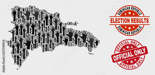 Ballot Dominican Republic map and seal stamps. Red rounded Official Only scratched seal stamp. Black Dominican Republic map mosaic of upwards decision hands. Vector composition for ballot results,