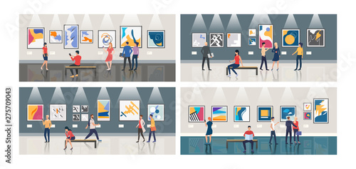Collection of people in art museum. Flat cartoon characters watching pictures in gallery. Can be used for advertisement, art event, artwork exhibition