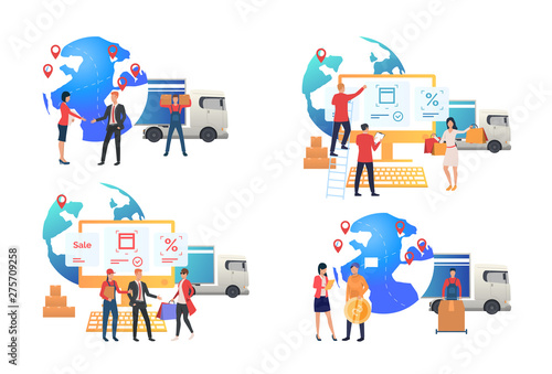 Set of buyers carrying out worldwide delivery. Delivery people giving purchases from online shop to customers. Vector illustration for promo, shopping, delivery company