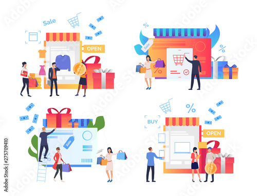 Set of shoppers making purchases. Crowd of people doing shopping on sales day. Vector illustration for leaflet, promo, advertisement
