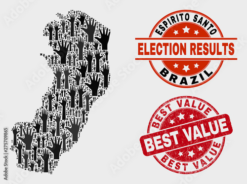 Vote Espirito Santo State map and seal stamps. Red round Best Value grunge seal stamp. Black Espirito Santo State map mosaic of raised solution hands. Vector composition for referendum results,