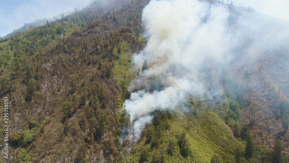 aerial view forest fire smoke on the slopes hills. fire in mountain forest. wild fire in tropical forest, Java Indonesia. natural disaster fire in Southeast Asia