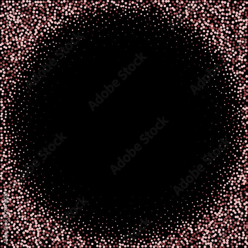 Round pink tinsel frame on black background. Vector illustration. Holiday card design.