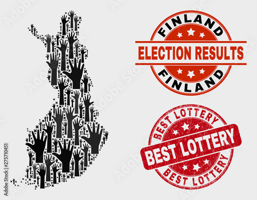 Ballot Finland map and stamps. Red round Best Lottery grunge seal stamp. Black Finland map mosaic of raised up referendum arms. Vector collage for election results, with Best Lottery seal stamp.