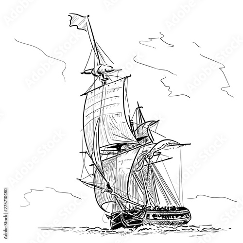 Sailing Ship vintage frigate on the waves. Hand drawn vector illustration. Hand sketch. Illustration.