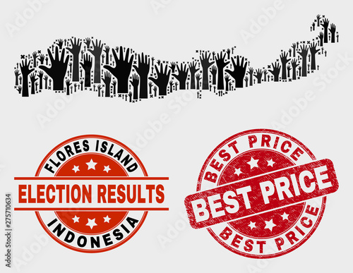 Election Flores Island of Indonesia map and seal stamps. Red rounded Best Price grunge stamp. Black Flores Island of Indonesia map mosaic of raised up referendum hands.