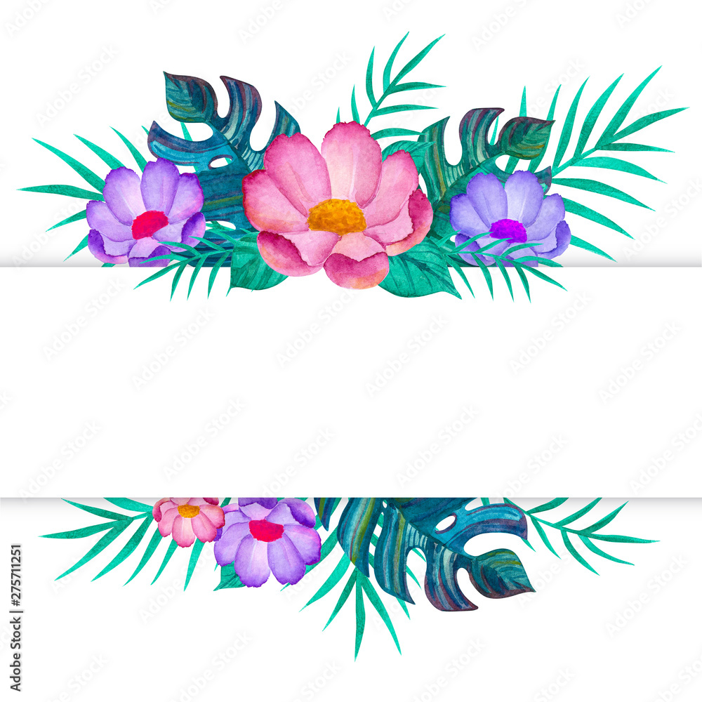 Watercolor flowers and tropical leaves. Frame.