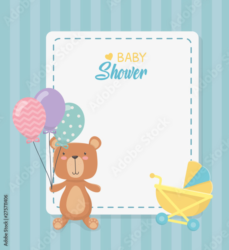 baby shower square card with little bear teddy and balloons helium