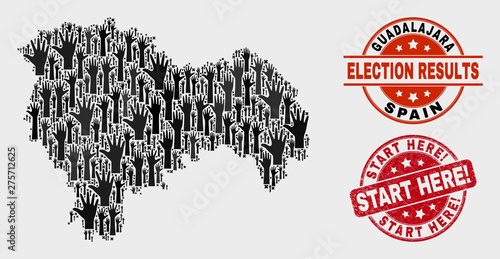 Ballot Guadalajara Province map and seal stamps. Red rounded Start Here! textured watermark. Black Guadalajara Province map mosaic of raised referendum arms. Vector collage for referendum results,
