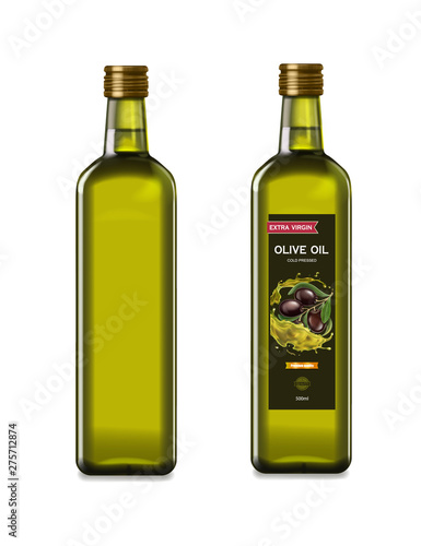 Fényképezés Olive oil glass bottles with olive oil splash