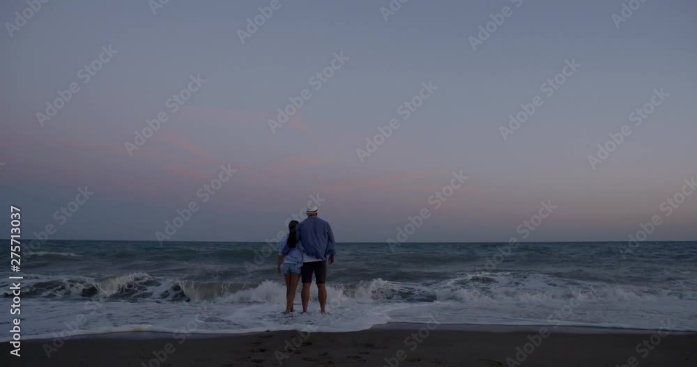 romantic pair is enjoying sea horizon after sunset time, back view of their body, man is hugging his girlfriend romantic pair is enjoying sea horizon after sunset time, back view of their body, man is hugging his girlfriend