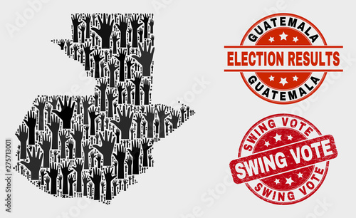 Electoral Guatemala map and seals. Red round Swing Vote textured stamp. Black Guatemala map mosaic of raised up referendum arms. Vector combination for referendum results, with Swing Vote stamp.