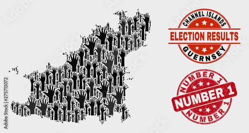 Electoral Guernsey Island map and seal stamps. Red round Number 1 distress seal stamp. Black Guernsey Island map mosaic of raised help hands. Vector collage for referendum results,