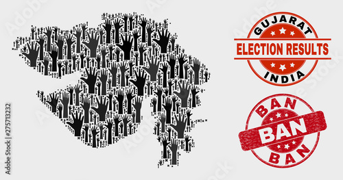Political Gujarat State map and stamps. Red round Ban distress stamp. Black Gujarat State map mosaic of upwards voting arms. Vector composition for ballot results, with Ban seal stamp.