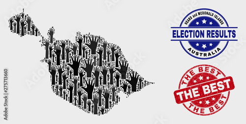 Poll Heard and McDonald Islands map and seals. Red rounded The Best distress seal stamp. Black Heard and McDonald Islands map mosaic of upwards referendum arms. Vector collage for election results,