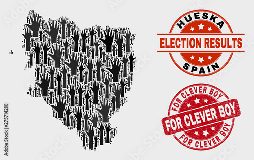 Election Hueska Province map and seal stamps. Red rounded For Clever Boy scratched seal stamp. Black Hueska Province map mosaic of raised support hands. Vector combination for election results, photo